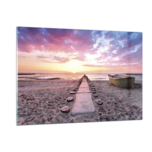 Impression sur verre - Image sur verre - Plage au coucher du soleil avec bateau et jetée - 120x80cm - Moment d'expérience profonde - Décoration murale moderne pour le salon et la chambre ARTTOR