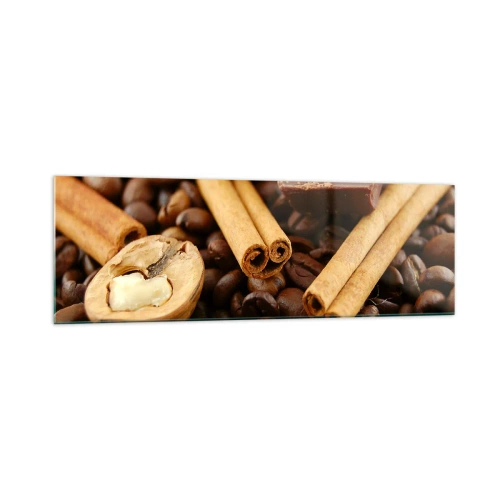 Impression sur verre - Image sur verre - Grains de café avec bâtons de cannelle, chocolat et noix. - 160x50cm - Concert d'aromates - Décoration murale moderne pour le salon et la chambre ARTTOR