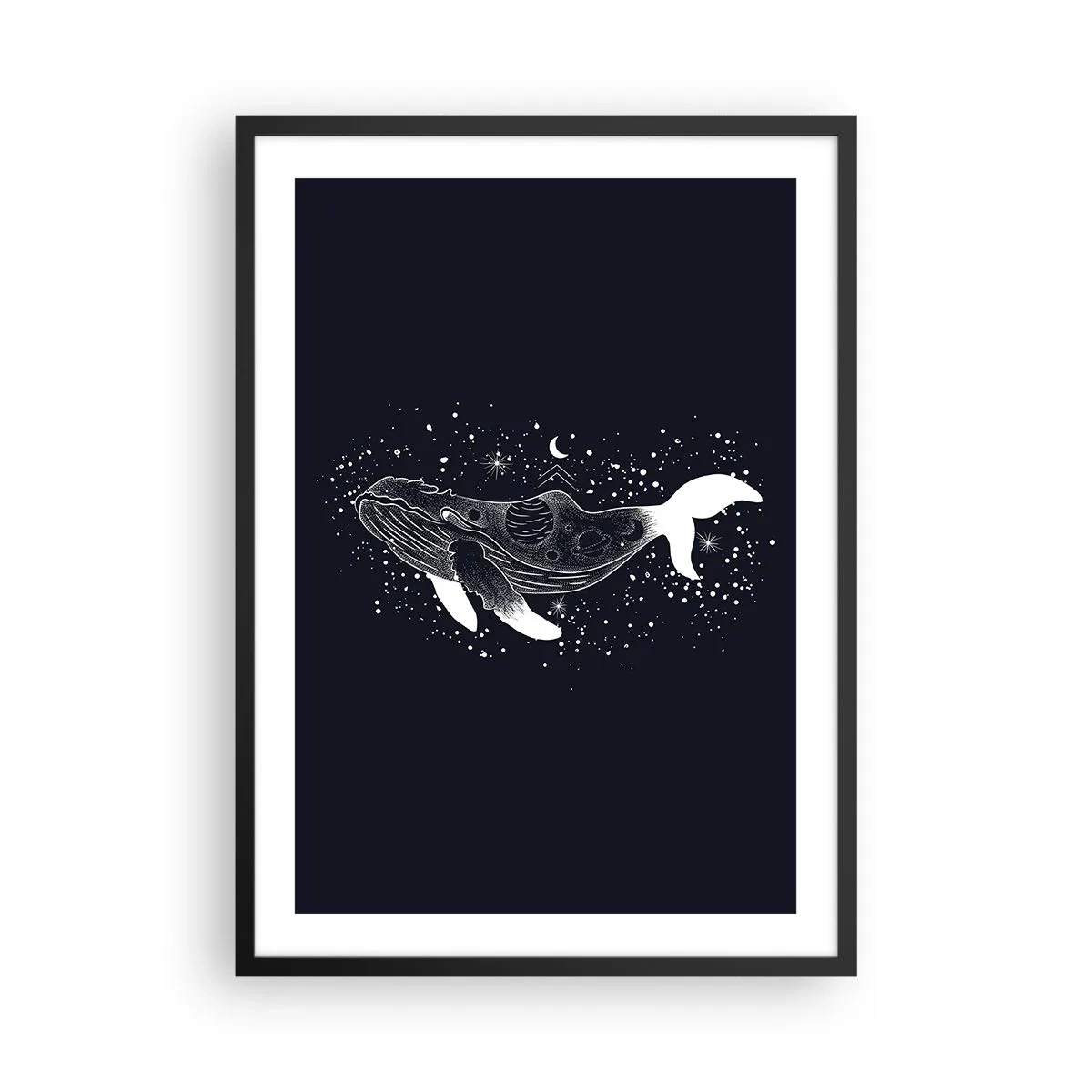 Affiche dans un cadre noir - Poster - Une baleine spatiale dans un style graphique sur fond noir - 50x70cm - Dans l'océan de l'univers - Décoration murale moderne pour le salon et la chambre ARTTOR