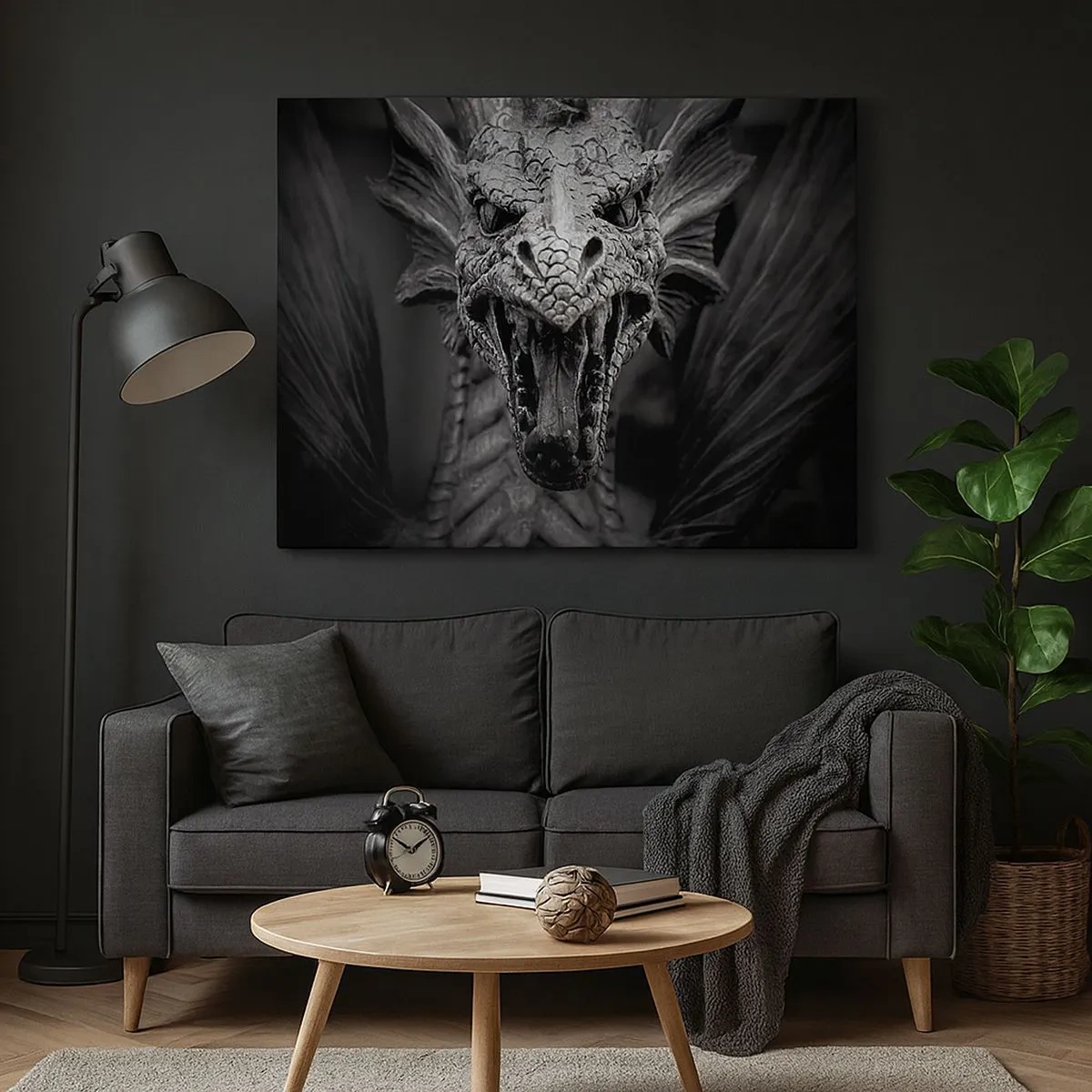 Impression sur toile - Image sur toile - Une tête de dragon menaçante en noir et blanc avec des détails expressifs. - 70x50cm - Un dragon imaginaire grisâtre - Décoration murale moderne pour le salon et la chambre ARTTOR