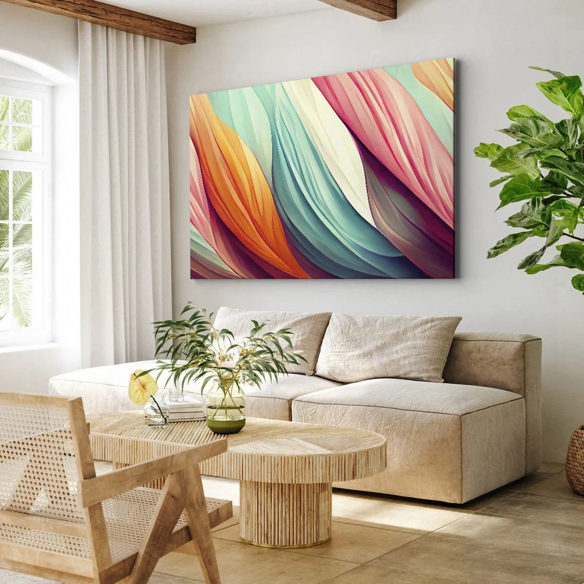 Impression sur toile - Image sur toile - Lignes abstraites aux couleurs pastel et vibrantes - 70x50cm - Tissage arc-en-ciel - Décoration murale moderne pour le salon et la chambre ARTTOR