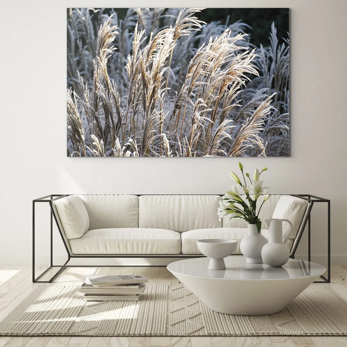 Impression sur verre - Image sur verre - Herbes gelées au soleil d'hiver - 100x70cm - Habillé de givre - Décoration murale moderne pour le salon et la chambre ARTTOR
