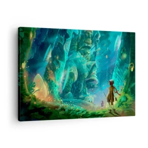 Impression sur toile - Image sur toile - Forêt magique avec un personnage d'explorateur - 70x50cm - Du grand livre des contes de fées - Décoration murale moderne pour le salon et la chambre ARTTOR