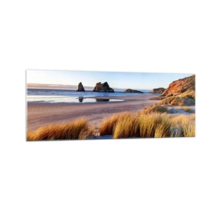 Impression sur verre - Image sur verre - Une plage pittoresque avec vue sur les rochers et la mer au coucher du soleil - 140x50cm - Pour les chercheurs de paix - Décoration murale moderne pour le salon et la chambre ARTTOR