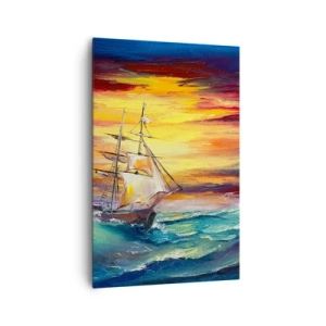 Impression sur toile - Image sur toile - Un voilier sur fond de coucher de soleil coloré - 80x120cm - Courageusement sous les vagues - Décoration murale moderne pour le salon et la chambre ARTTOR