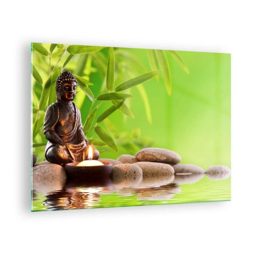 Impression sur verre - Image sur verre - Une figure de Bouddha avec une bougie allumée dans un cadre verdoyant - 70x50cm - La vie est belle - Décoration murale moderne pour le salon et la chambre ARTTOR