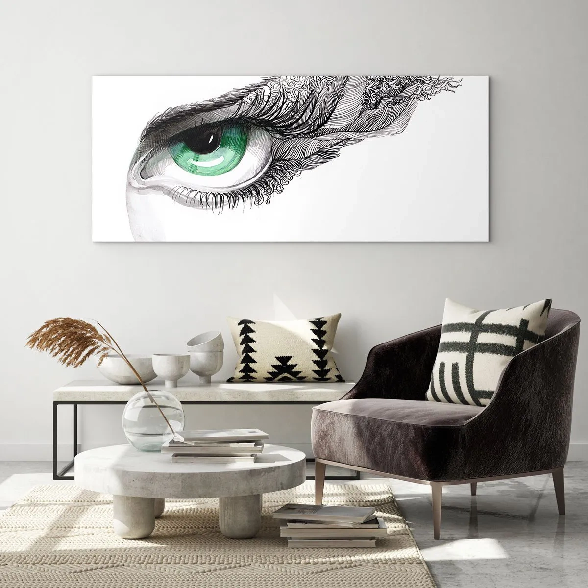 Impression sur verre - Image sur verre - Œil artistique avec iris vert et détails de dessin - 120x50cm - Belle et prête à l'attaque - Décoration murale moderne pour le salon et la chambre ARTTOR
