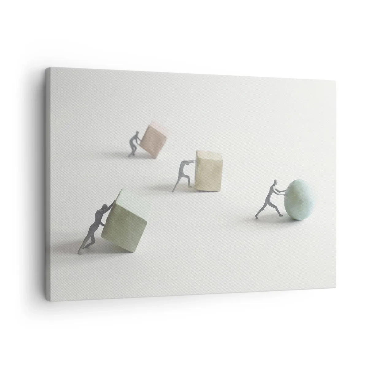 Impression sur toile - Image sur toile - Figurines miniatures poussant des formes sur un fond clair - 70x50cm - Rien que la vie - Décoration murale moderne pour le salon et la chambre ARTTOR