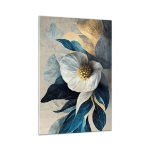 Impression sur verre - Image sur verre - Une fleur aux feuilles bleues sur un fond élégant - 70x100cm - Il a un coeur d'or - Décoration murale moderne pour le salon et la chambre ARTTOR