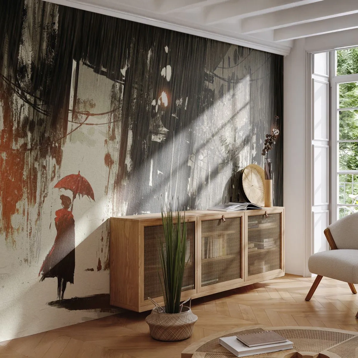 Papier Peint Photo Standard Eco - La poésie du parapluie rouge - Ville, Femme, Architecture - 400x280 cm
