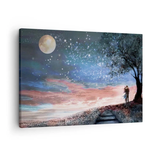 Impression sur toile - Image sur toile - Scène de couple romantique sous la pleine lune - 70x50cm - Spectacle étoilé - Décoration murale moderne pour le salon et la chambre ARTTOR