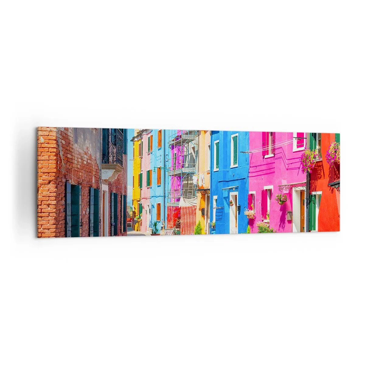 Impression sur toile - Image sur toile - Bâtiments colorés dans une rue étroite de la ville - 160x50cm - Ville "Sous les perroquets" - Décoration murale moderne pour le salon et la chambre ARTTOR