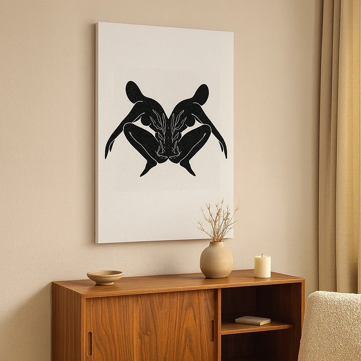 Impression sur toile - Image sur toile - Silhouettes noires en position symétrique sur fond blanc - 50x70cm - Une âme commune - Décoration murale moderne pour le salon et la chambre ARTTOR