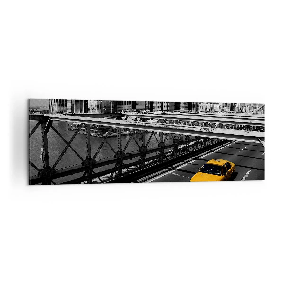 Impression sur toile - Image sur toile - Taxi jaune sur un pont avec vue sur les toits de New York - 160x50cm - Couleur de la grande ville - Décoration murale moderne pour le salon et la chambre ARTTOR