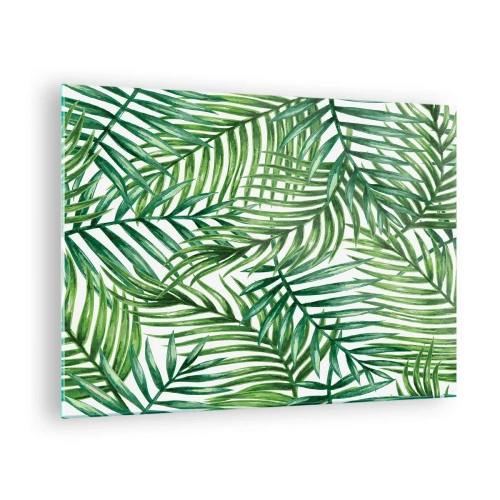 Impression sur verre - Image sur verre - Feuilles de palmier vertes sur fond blanc créant un motif géométrique - 70x50cm - Sous la canopée verte - Décoration murale moderne pour le salon et la chambre ARTTOR