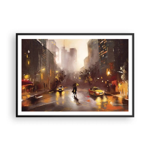 Affiche dans un cadre noir - Poster - Une scène urbaine la nuit à la lumière des lampadaires et des reflets sur une rue mouillée. - 100x70cm - Dans les lumières de New-York - Décoration murale moderne pour le salon et la chambre ARTTOR