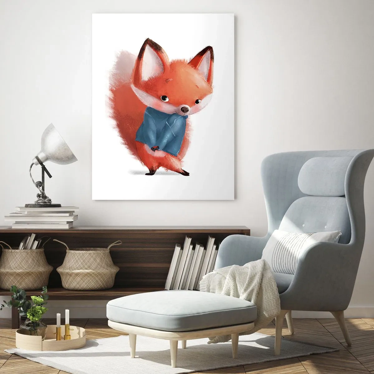 Impression sur verre - Image sur verre - Un renard mignon dans un costume bleu - 70x100cm - Est-ce que ça me va? - Décoration murale moderne pour le salon et la chambre ARTTOR
