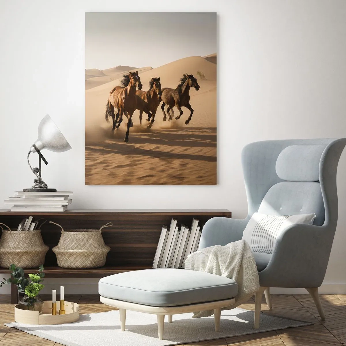 Impression sur verre - Image sur verre - Un troupeau de chevaux au galop dans le désert parmi les dunes de sable - 50x70cm - Libre comme le vent - Décoration murale moderne pour le salon et la chambre ARTTOR