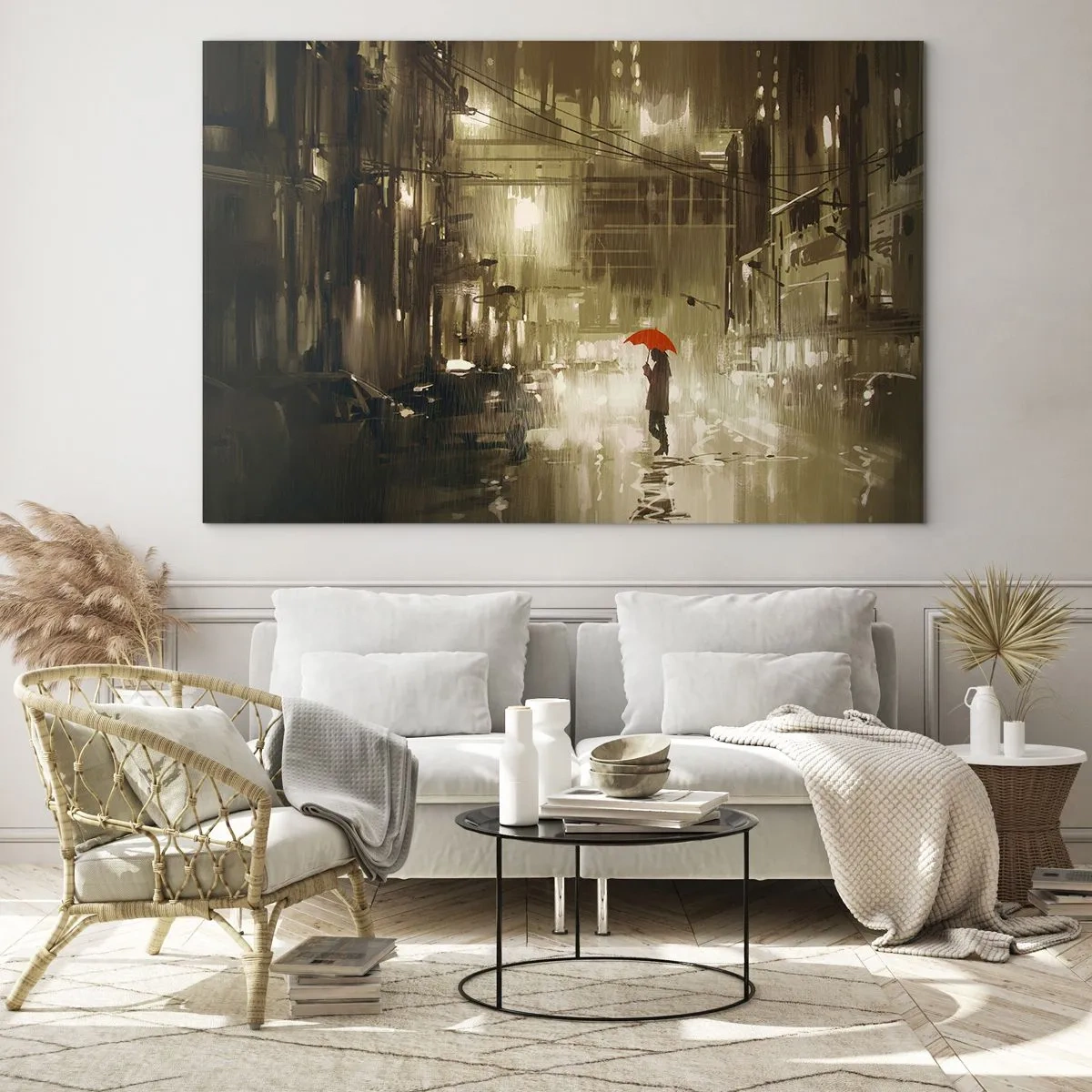 Impression sur verre - Image sur verre - Personne avec un parapluie rouge dans la lumière pluvieuse de la ville la nuit - 70x50cm - Seule mais pas solitaire - Décoration murale moderne pour le salon et la chambre ARTTOR
