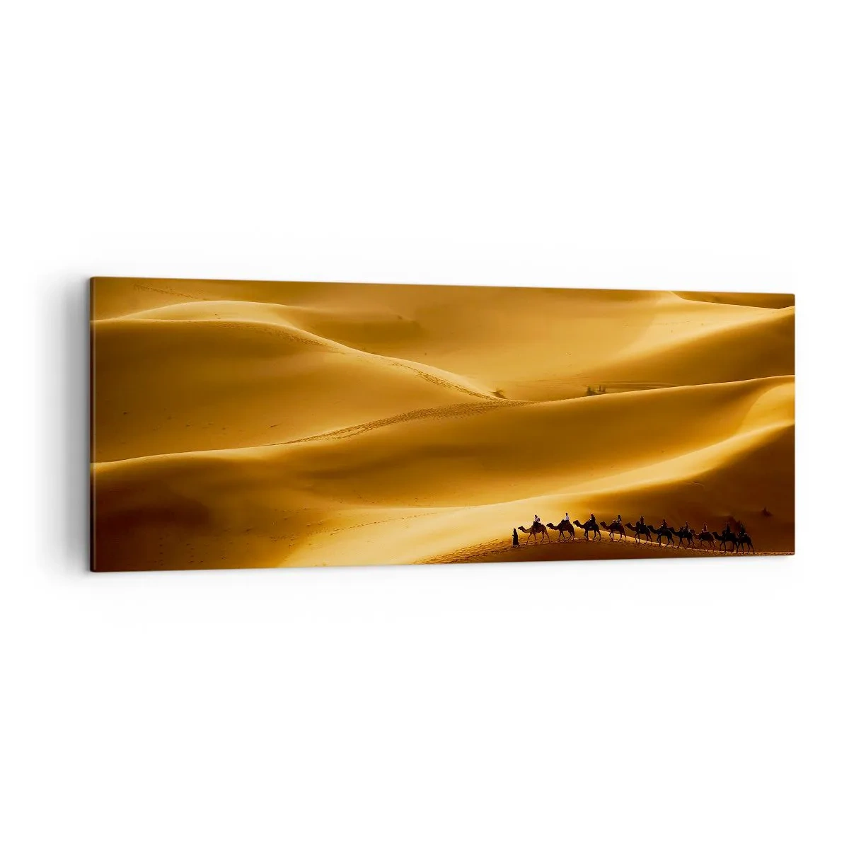 Impression sur toile - Image sur toile - Une caravane de chameaux errant à travers les dunes dorées du désert. - 140x50cm - Caravane sur les vagues du désert - Décoration murale moderne pour le salon et la chambre ARTTOR