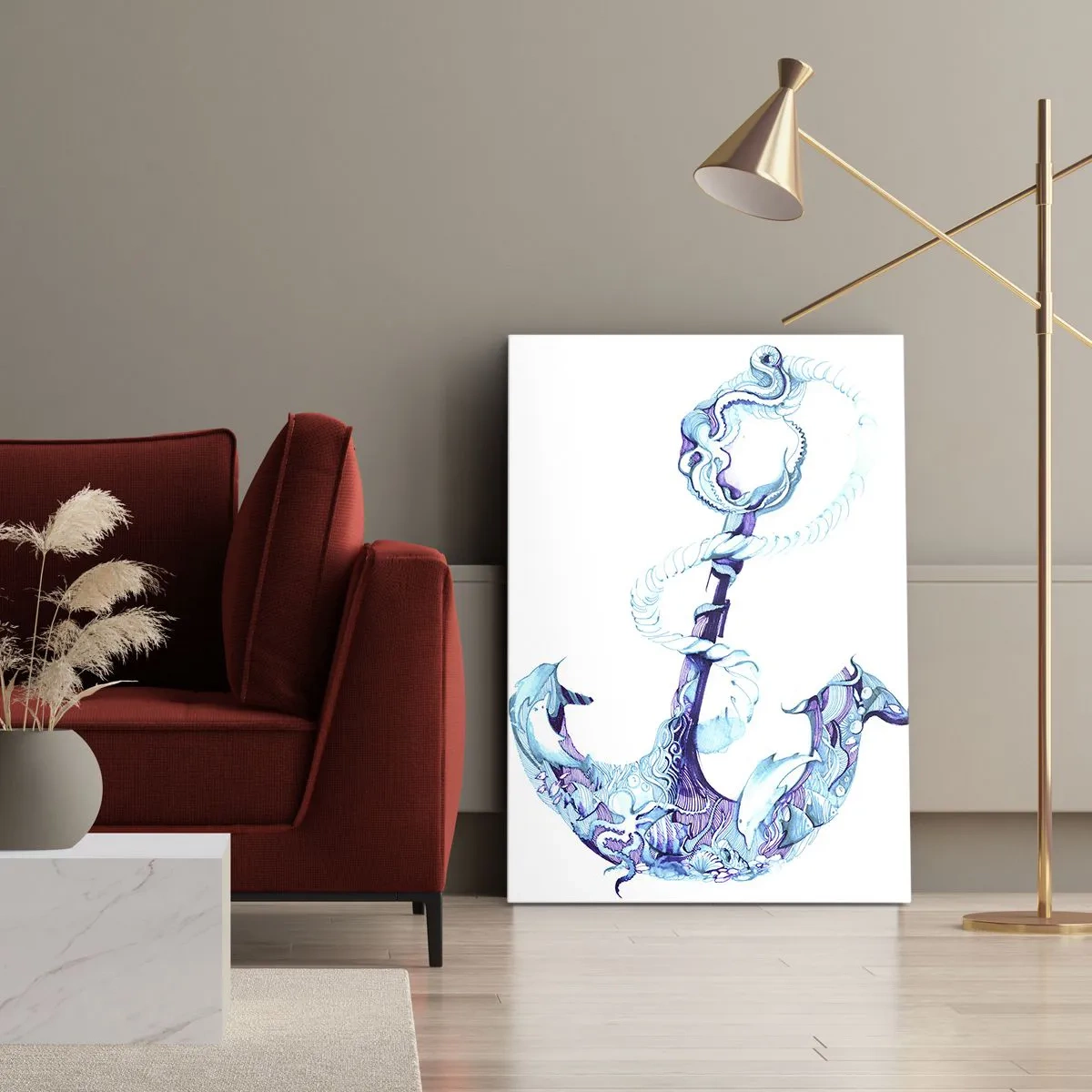 Impression sur toile - Image sur toile - Ancre abstraite dans des tons de bleu avec des détails nautiques - 50x70cm - Le confident des secrets de la mer - Décoration murale moderne pour le salon et la chambre ARTTOR