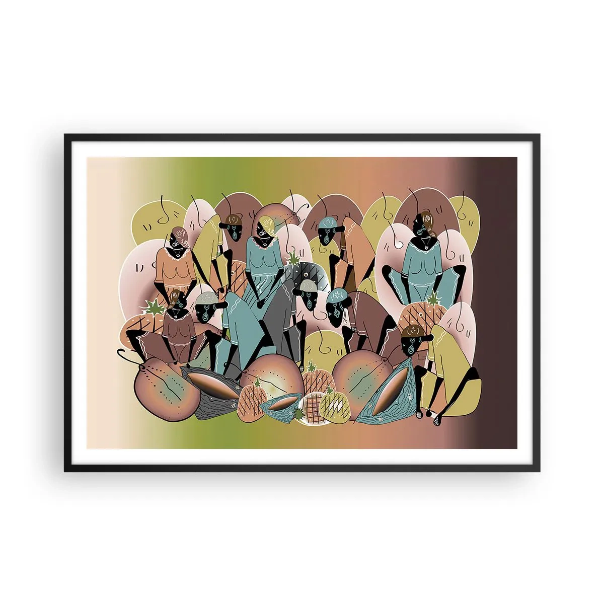 Affiche dans un cadre noir - Poster - Une composition abstraite colorée inspirée de la culture africaine - 100x70cm - De grandes fêtes arrivent - Décoration murale moderne pour le salon et la chambre ARTTOR