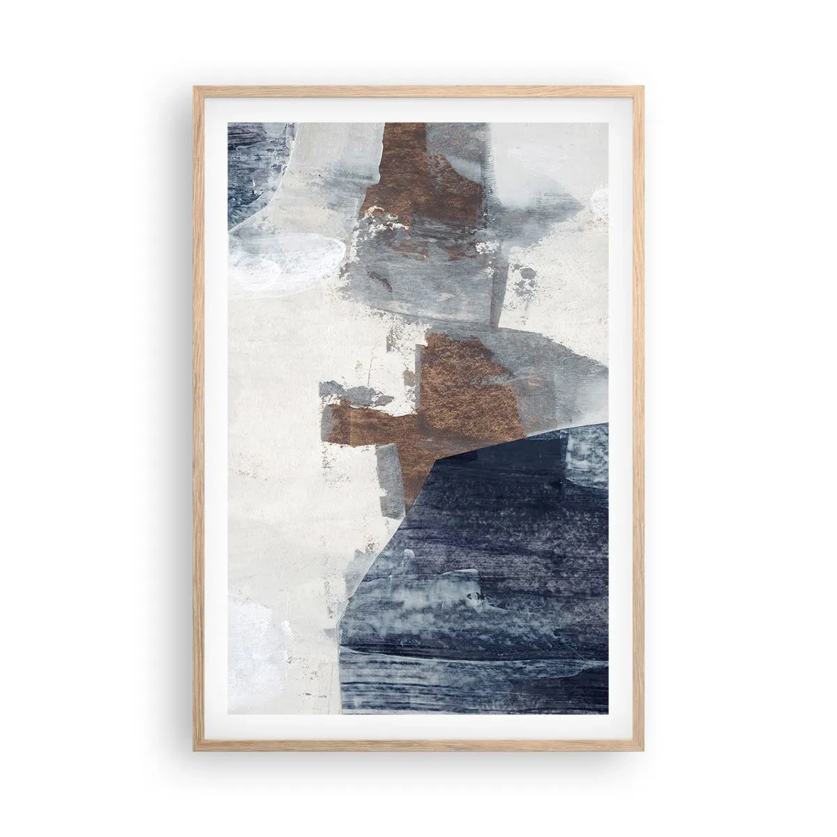 Affiche dans un chêne clair - Poster - Formes bleues et brunes - 61x91 cm