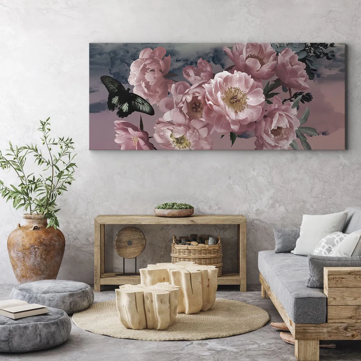 Impression sur toile - Image sur toile - Pivoines roses avec un papillon sur fond pastel - 120x50cm - Pic du romantisme - Décoration murale moderne pour le salon et la chambre ARTTOR