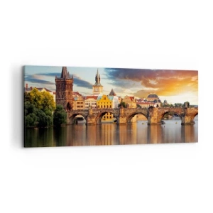 Impression sur toile - Image sur toile - Le pont historique sur la rivière à la lumière du soleil couchant - 120x50cm - Belle depuis des lustres - Décoration murale moderne pour le salon et la chambre ARTTOR