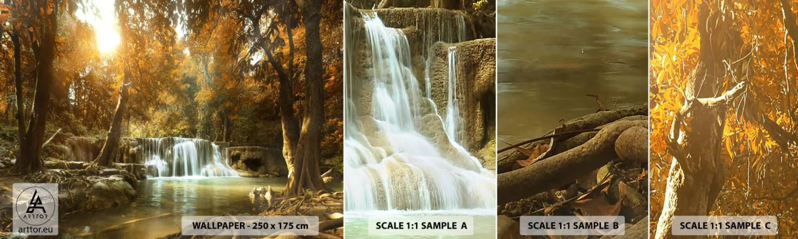 Échantillon de Papier Peint Autocollant Deluxe Sticker - Cascade du parc - Paysage, Cascade, Forêt - 100x30 cm