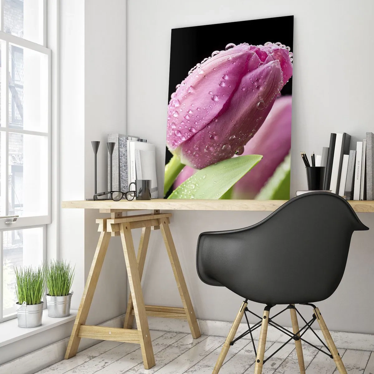 Impression sur verre - Image sur verre - Tulipes roses couvertes de gouttes de rosée sur fond noir - 50x70cm - Rêve de lilas dans la rosée - Décoration murale moderne pour le salon et la chambre ARTTOR