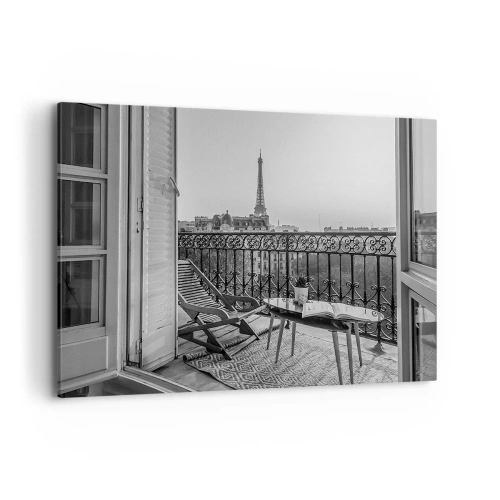 Impression sur toile - Image sur toile - Vue sur la Tour Eiffel depuis le balcon avec transats et table - 120x80cm - Après-midi parisien - Décoration murale moderne pour le salon et la chambre ARTTOR