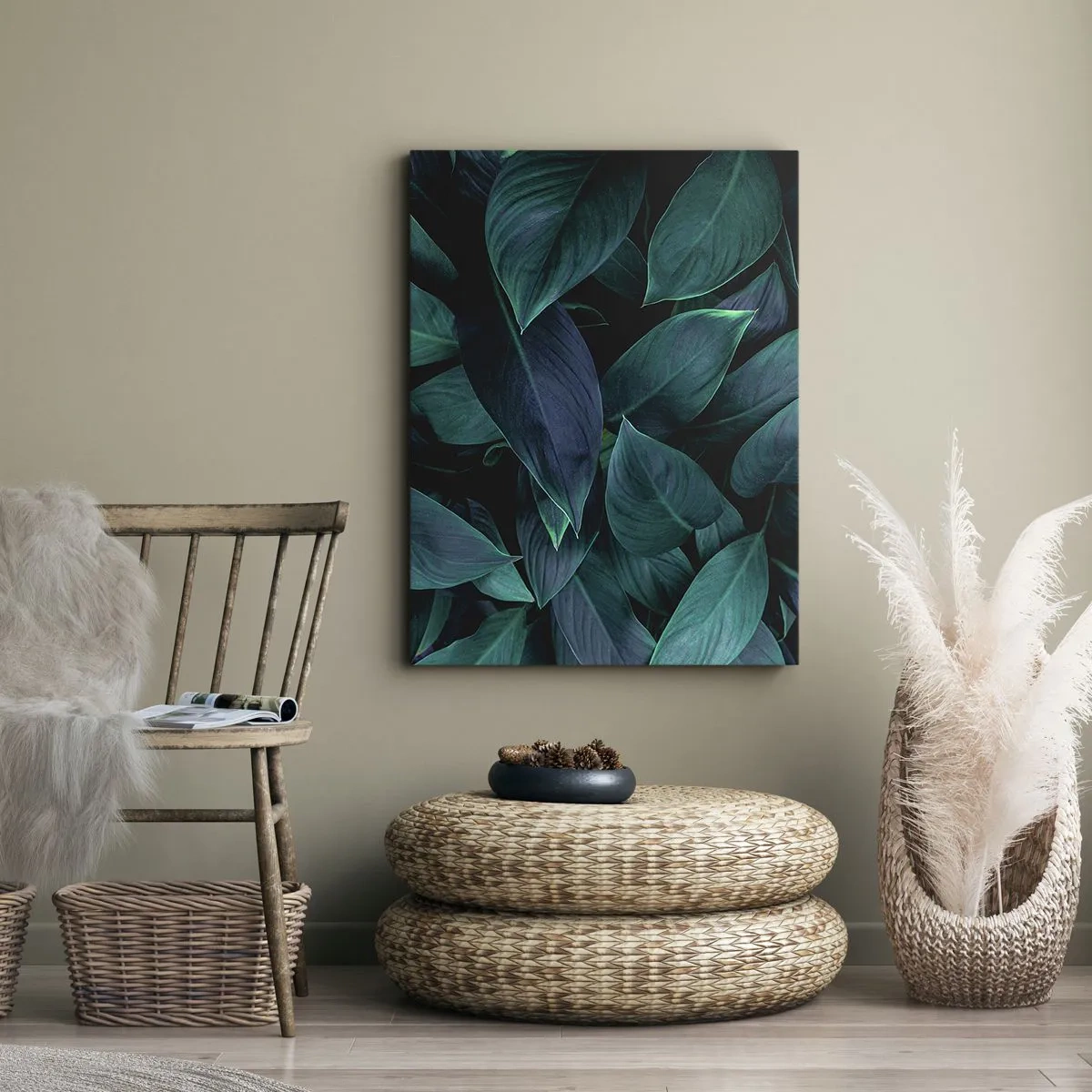 Impression sur toile - Image sur toile - Gros plan de feuilles vertes sur fond sombre - 50x70cm - le vert lui-même - Décoration murale moderne pour le salon et la chambre ARTTOR