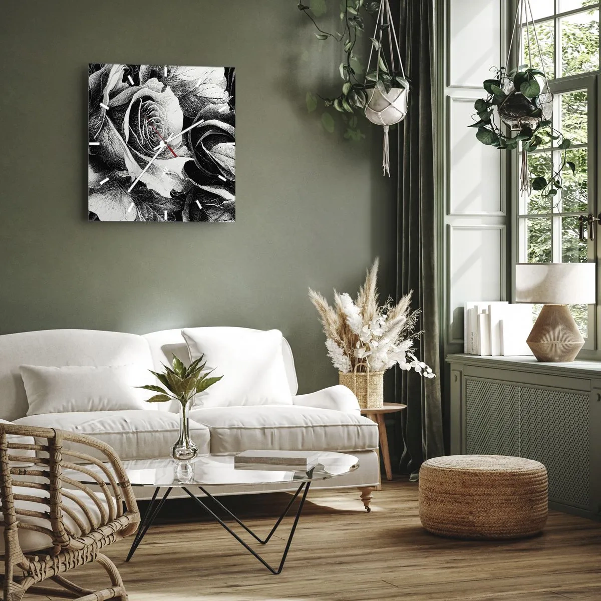 Horloge murale - Pendule murale - Roses noires et blanches dans une composition élégante - 30x30cm - Toujours une reine - Décoration murale moderne pour le salon et la chambre ARTTOR