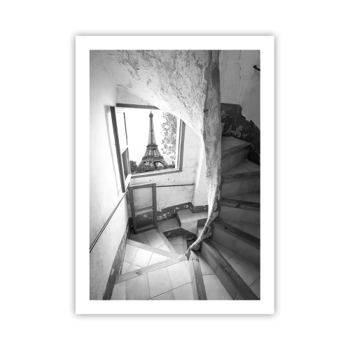 Affiche - Poster - Vue de la Tour Eiffel à travers une fenêtre d'un immeuble ancien - 50x70cm - Quelle vue! - Décoration murale moderne pour le salon et la chambre ARTTOR
