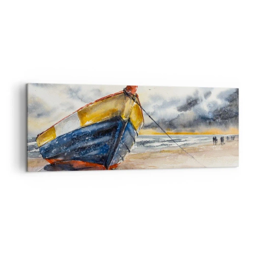 Impression sur toile - Image sur toile - Un bateau pittoresque sur la plage sous un ciel nuageux - 140x50cm - Repos sur le rivage - Décoration murale moderne pour le salon et la chambre ARTTOR