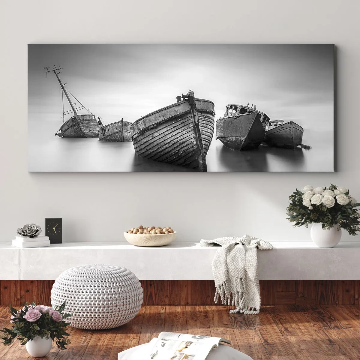Impression sur toile - Image sur toile - Bateaux abandonnés sur une eau calme - 160x50cm - Cùest déjà un souvenir... - Décoration murale moderne pour le salon et la chambre ARTTOR