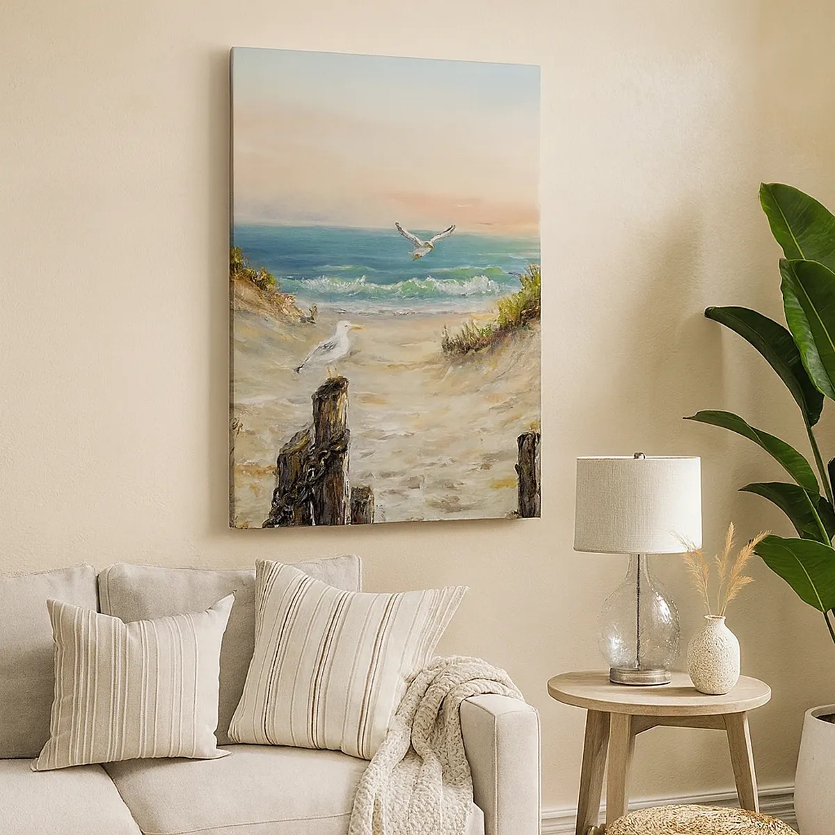 Impression sur toile - Image sur toile - Côte avec mouettes et dunes au coucher du soleil - 50x70cm - Retraite au calme - Décoration murale moderne pour le salon et la chambre ARTTOR