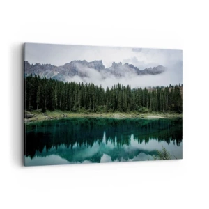 Impression sur toile - Image sur toile - Un paysage de montagne avec une forêt et un lac reflétant le ciel - 120x80cm - Chut, chut, ne réveillons pas l'eau qui dort - Décoration murale moderne pour le salon et la chambre ARTTOR