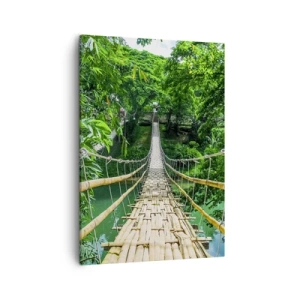 Impression sur toile - Image sur toile - Un pont suspendu en bambou entouré de verdure - 50x70cm - Pont de singe en pleine nature - Décoration murale moderne pour le salon et la chambre ARTTOR