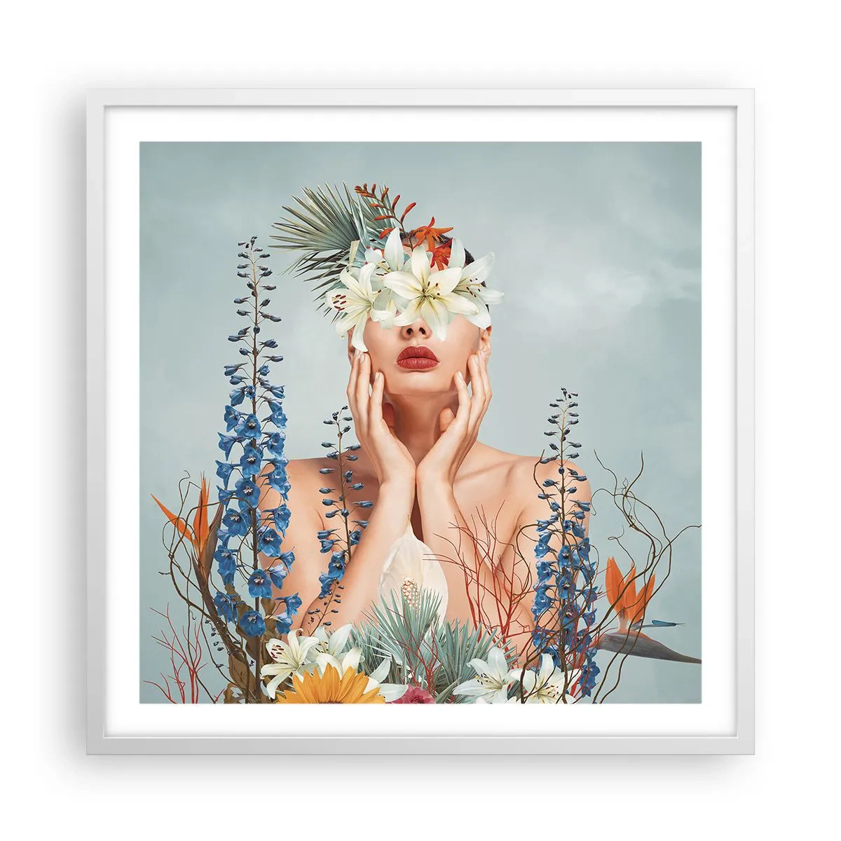 Affiche dans un cadre blanc - Poster - Femme - fleur - 60x60 cm