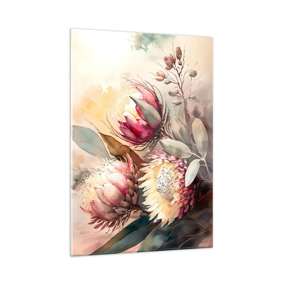 Impression sur verre - Image sur verre - Fleurs de Protea aux couleurs pastel sur un fond artistique - 50x70cm - De profil et de face - Décoration murale moderne pour le salon et la chambre ARTTOR