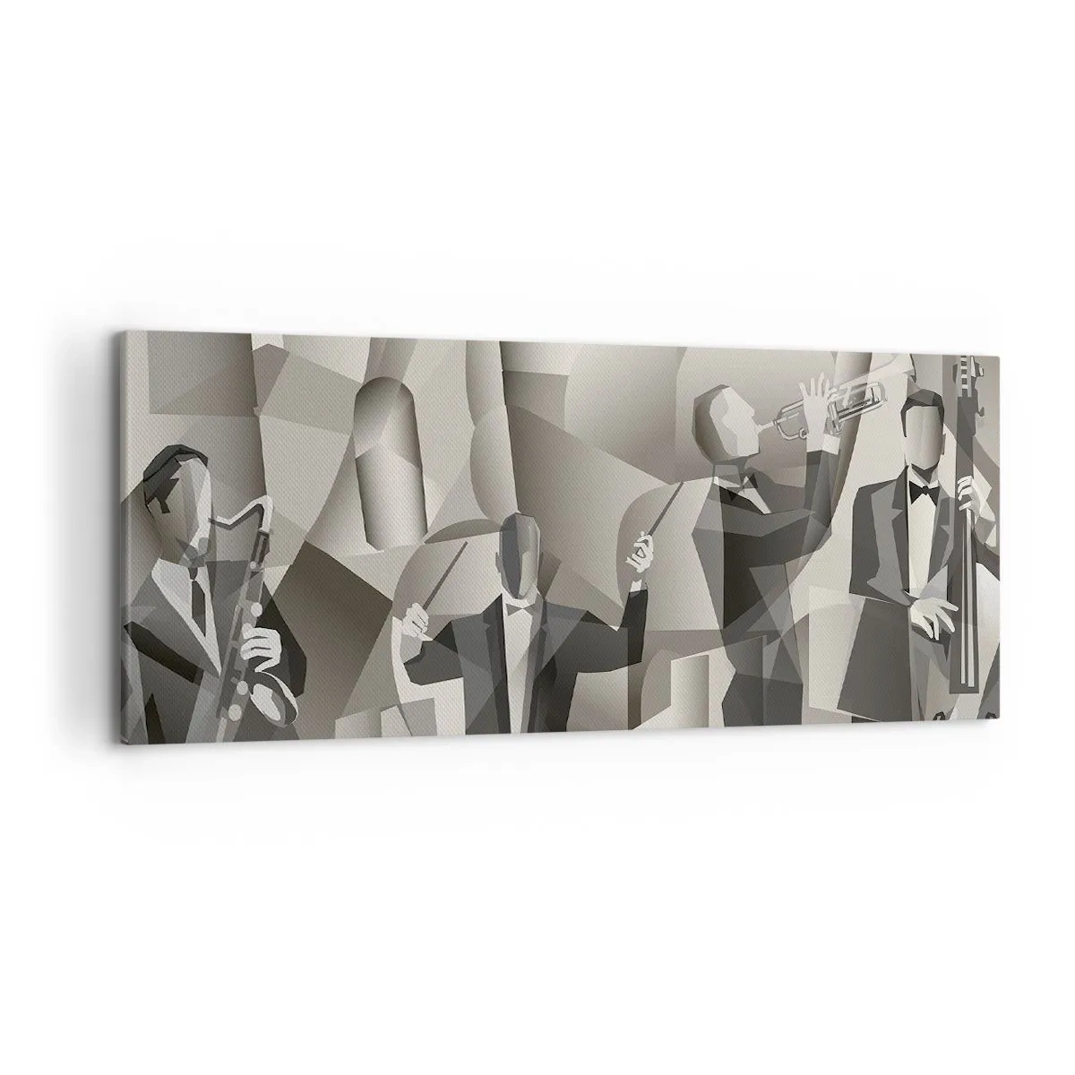 Impression sur toile - Image sur toile - Scène abstraite avec des musiciens de jazz dans des tons de gris. - 120x50cm - Dans l'espace des sons - Décoration murale moderne pour le salon et la chambre ARTTOR