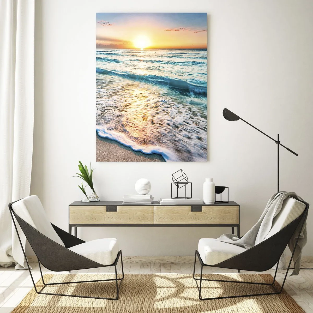 Impression sur verre - Image sur verre - Lever de soleil sur une plage tranquille avec des vagues - 70x100cm - Une vue qui en vaut la peine - Décoration murale moderne pour le salon et la chambre ARTTOR