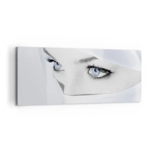 Impression sur toile - Image sur toile - Portrait d'une femme aux yeux bleus cachés derrière un voile blanc - 120x50cm - Directement des mille et une nuits - Décoration murale moderne pour le salon et la chambre ARTTOR