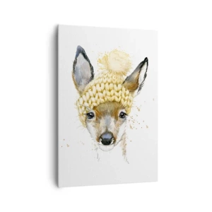 Impression sur toile - Image sur toile - Cerf aquarelle avec une casquette jaune - 70x100cm - Pour l'hiver dans la forêt enneigée - Décoration murale moderne pour le salon et la chambre ARTTOR