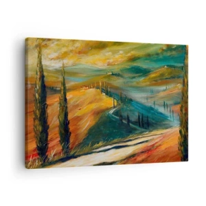 Impression sur toile - Image sur toile - Paysage toscan avec champs, route et cyprès - 70x50cm - paysage toscan - Décoration murale moderne pour le salon et la chambre ARTTOR