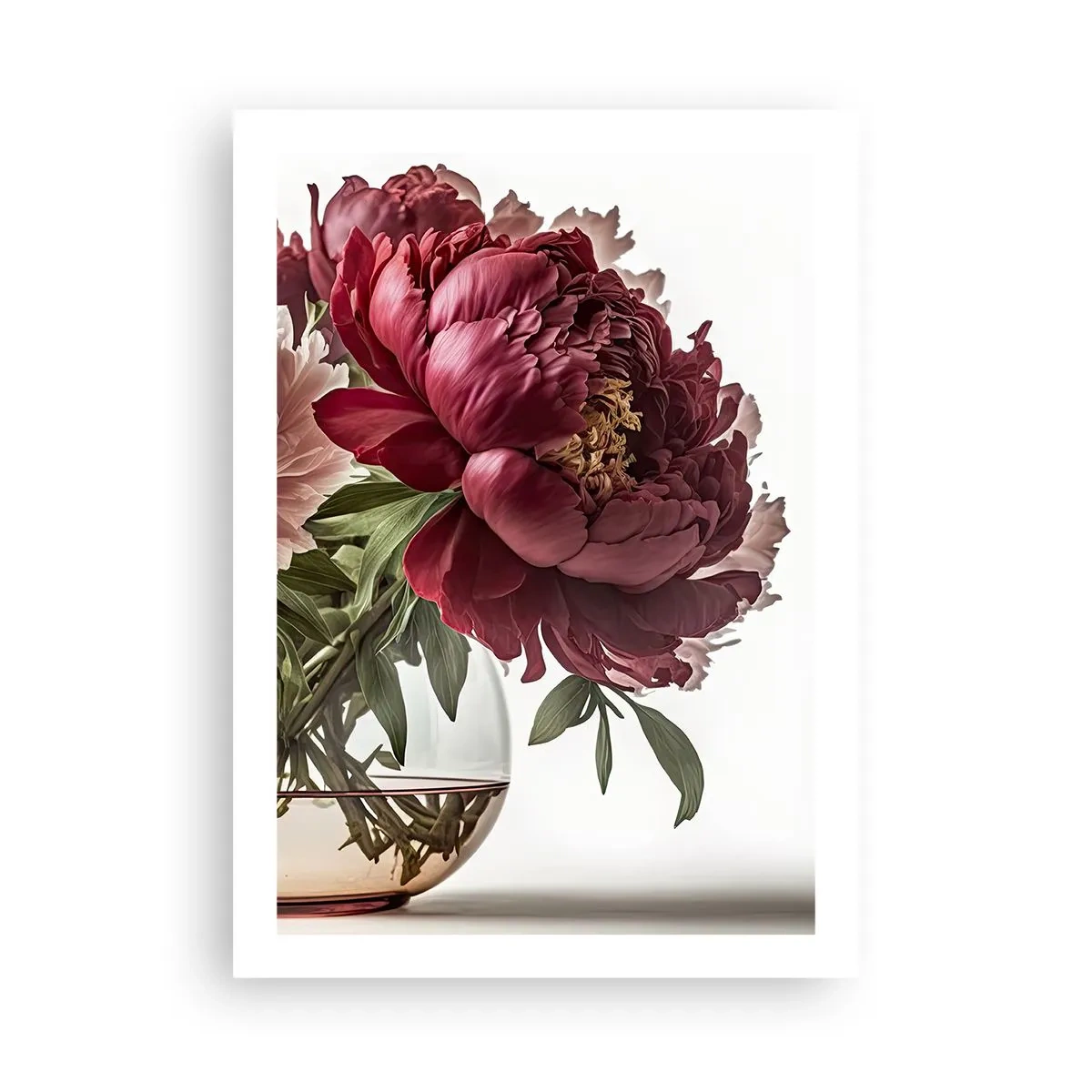 Affiche - Poster - Pivoines rouges dans un vase en verre sur fond blanc - 50x70cm - En pleine floraison de beauté - Décoration murale moderne pour le salon et la chambre ARTTOR