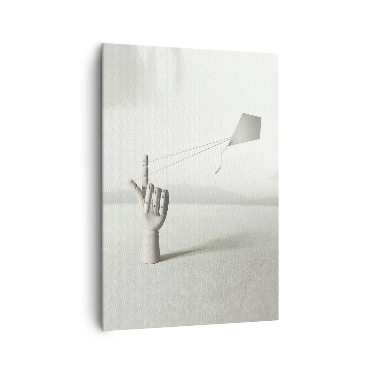 Impression sur toile - Image sur toile - Une main en bois minimaliste avec un cerf-volant sur un fond de paysage. - 70x100cm - Épreuve de force - Décoration murale moderne pour le salon et la chambre ARTTOR