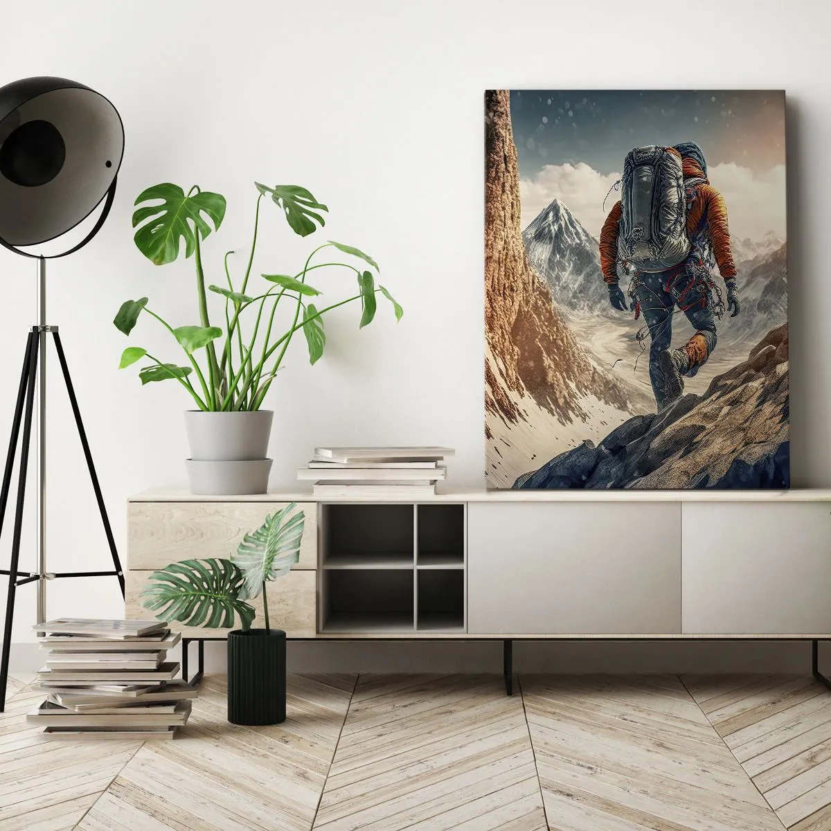 Impression sur toile - Image sur toile - Un grimpeur sur un sentier de montagne dans un paysage hivernal - 70x100cm - Guerrier solitaire - Décoration murale moderne pour le salon et la chambre ARTTOR